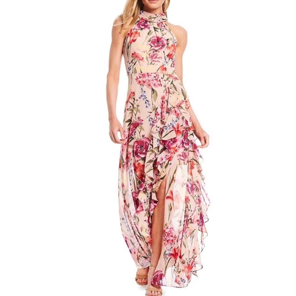 Eliza J Floral Chiffon Maxi Dress Pink Size 4 NWT